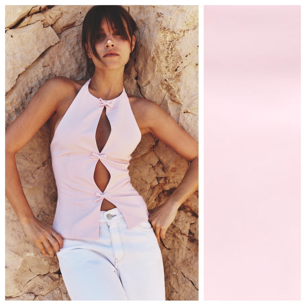 NWT. Zara Pink Bow Fitted Halter Top. Size XL.
